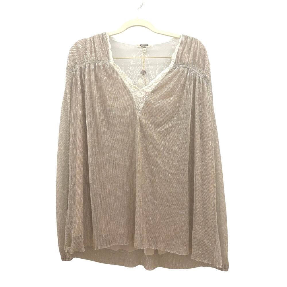 Gimmicks Beige Metallic Textured V-Neck Blouse with Lace Trim medium new
